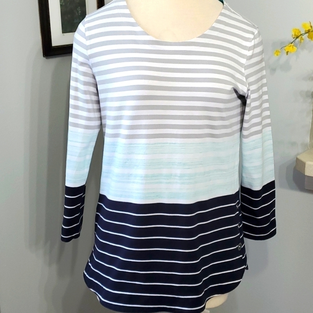Multiples, mature women's top. Size small. Gray, blue & green striped. Excellent